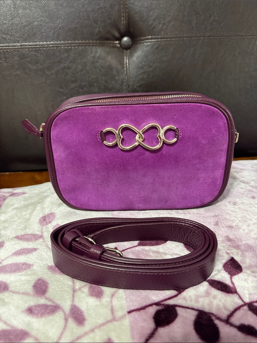 Kate spade Plum Suede Crossbody Bag with Gold Heart Link